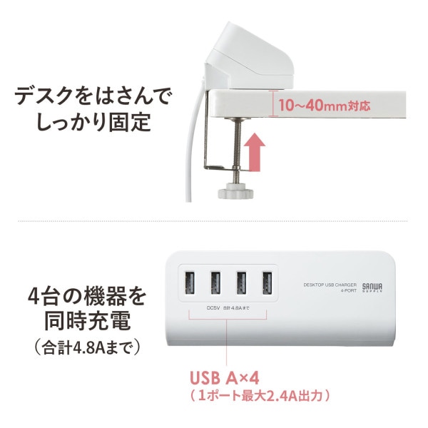 サンワサプライ クランプ式USB充電器 USB4ポート ホワイト ACA-IP50W 1個(ご注文単位1個)【直送品】