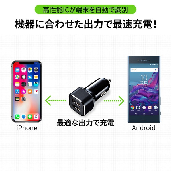 サンワサプライ カーチャージャー 2ポート 4.8A CAR-CHR74U 1個（ご注文単位1個）【直送品】