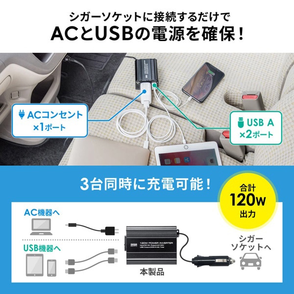 サンワサプライ カーインバーター 120W CAR-CHR80AC 1個（ご注文単位1個）【直送品】