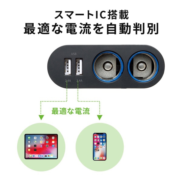 サンワサプライ USBチャージャー付き2連ソケット CAR-CHR78CUN 1個（ご注文単位1個）【直送品】