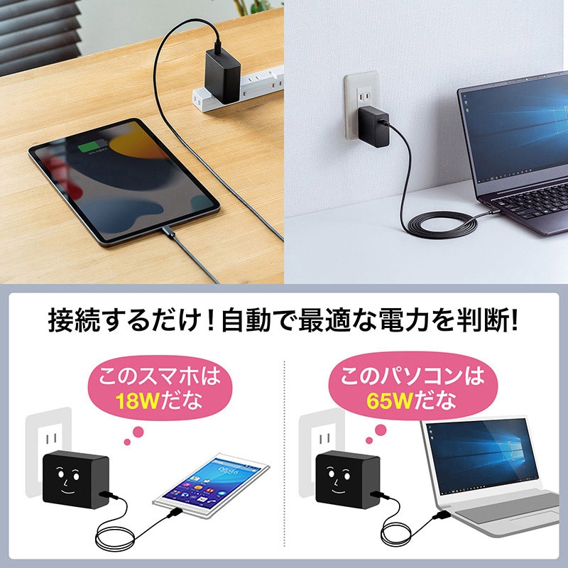サンワサプライ USB PD対応AC充電器 PD65W・Type-Cケーブル付き ACA-PD91BK 1個(ご注文単位1個)【直送品】