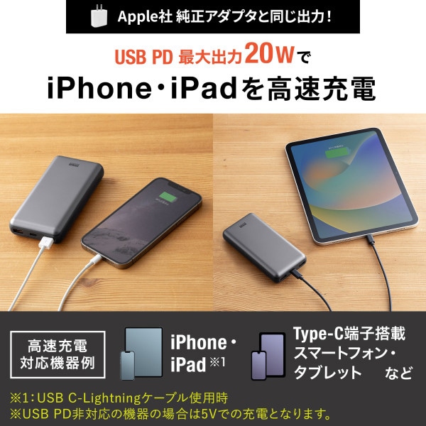 サンワサプライ モバイルバッテリー 20000mAh・PD20W BTL-RDC29 1個(ご注文単位1個)【直送品】