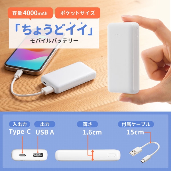 サンワサプライ モバイルバッテリー 4000mAh BTL-RDC35W 1個(ご注文単位1個)【直送品】