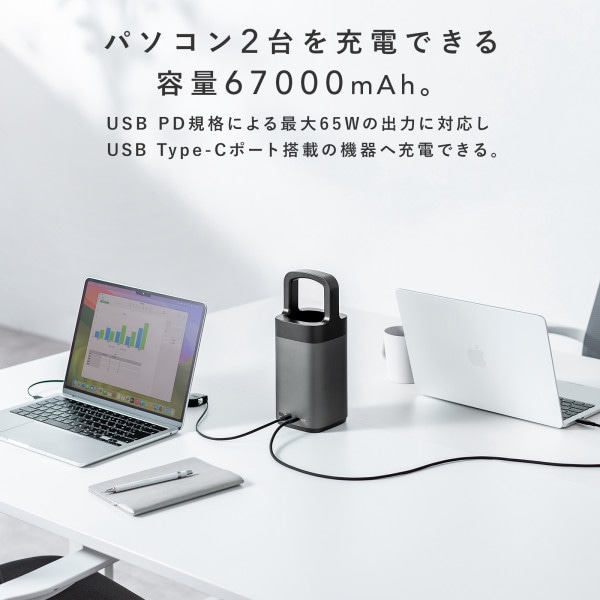 サンワサプライ USB PD対応 ハンドル一体型モバイルバッテリー 67000mAh BTL-RDC36 1個(ご注文単位1個)【直送品】