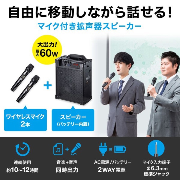 サンワサプライ 拡声器スピーカー ワイヤレスマイク付き バッテリー内蔵 MM-SPAMP14 1個(ご注文単位1個)【直送品】