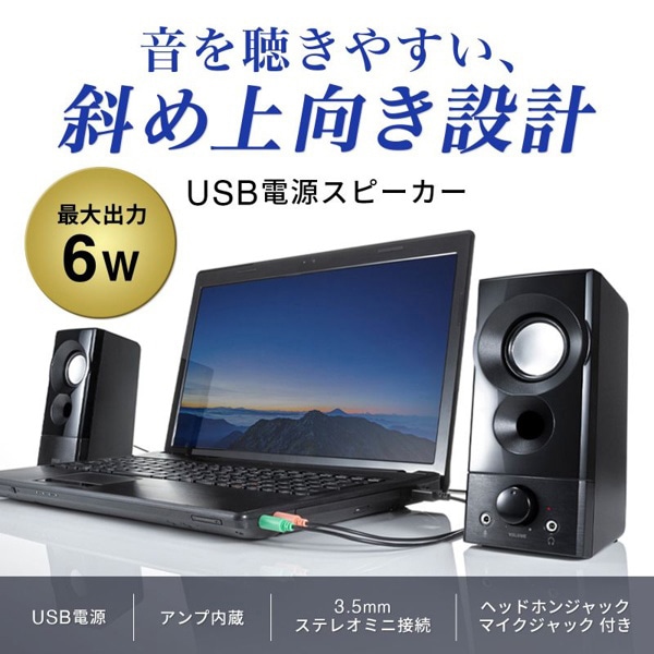 サンワサプライ USB電源スピーカー 実用最大出力6W MM-SPL20UBK 1個(ご注文単位1個)【直送品】