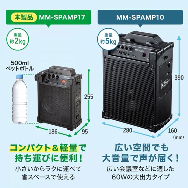 サンワサプライ ポータブル拡声器スピーカー ワイヤレスマイク付き バッテリー内蔵 MM-SPAMP17 1個(ご注文単位1個)【直送品】