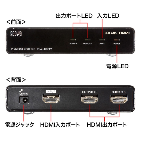 サンワサプライ HDMI分配器 2分配 4K2K対応 VGA-UHDSP2 1個（ご注文単位1個）【直送品】