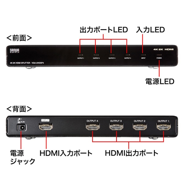 サンワサプライ HDMI分配器 4分配 4K2K対応 VGA-UHDSP4 1個（ご注文単位1個）【直送品】