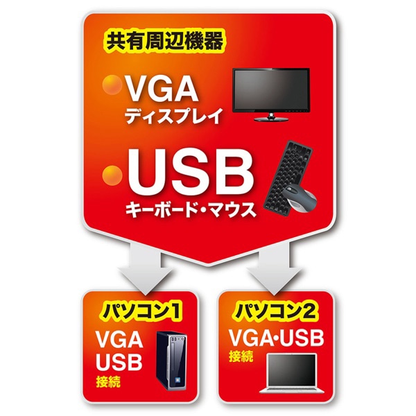 サンワサプライ パソコン自動切替器 2:1 SW-KVM2UUN 1個(ご注文単位1個)【直送品】