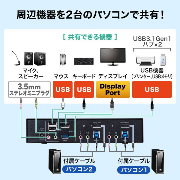 サンワサプライ ディスプレイポート対応パソコン自動切替器 2：1 SW-KVM2HDPU 1個（ご注文単位1個）【直送品】