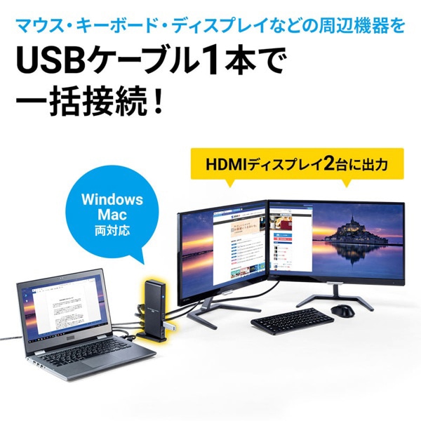 サンワサプライ デュアルHDMIドッキングステーション Type-C・USB-A接続 USB-CVDK7 1個（ご注文単位1個）【直送品】