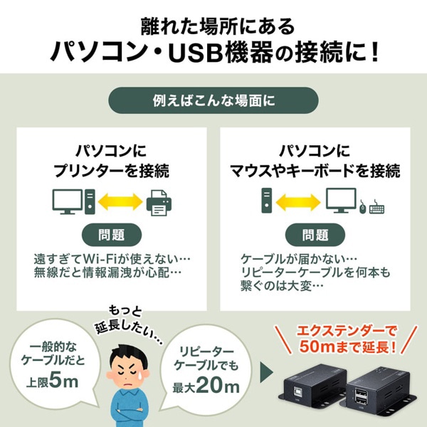 サンワサプライ USB2.0 エクステンダー 50m延長 2ポートハブ付き USB-EXSET3 1個（ご注文単位1個）【直送品】