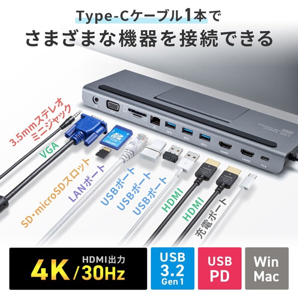 サンワサプライ USB Type-C ドッキングステーション HDMI／VGA対応 USB-CVDK8 1個（ご注文単位1個）【直送品】