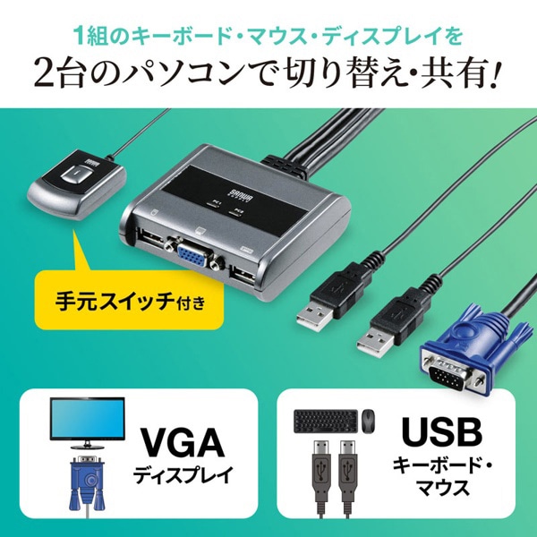 サンワサプライ パソコン切替器 エミュレーション非搭載 手元スイッチ付き SW-KVM2UUSN2 1個（ご注文単位1個）【直送品】