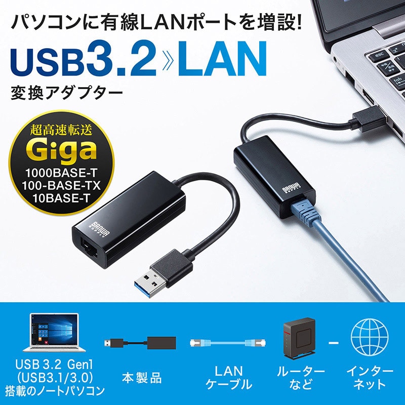 サンワサプライ 有線LANアダプタ USB A Gen1-LAN変換 USB-CVLAN1BKN 1個(ご注文単位1個)【直送品】