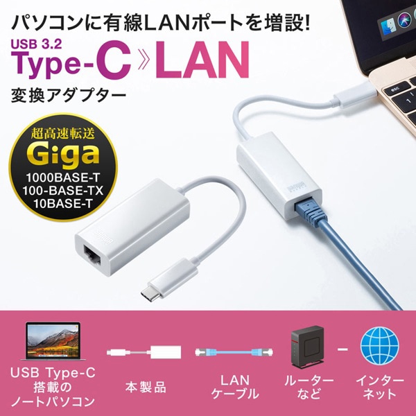 サンワサプライ USB3.2Type-C／LAN 変換アダプタ ホワイト USB-CVLAN2WN 1個（ご注文単位1個）【直送品】