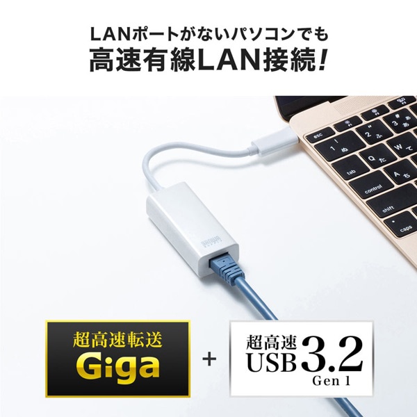 サンワサプライ USB3.2Type-C／LAN 変換アダプタ ホワイト USB-CVLAN2WN 1個（ご注文単位1個）【直送品】