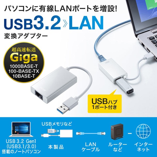 サンワサプライ USB3.2／LAN 変換アダプタ USBハブ1ポート付き ホワイト USB-CVLAN3WN 1個（ご注文単位1個）【直送品】