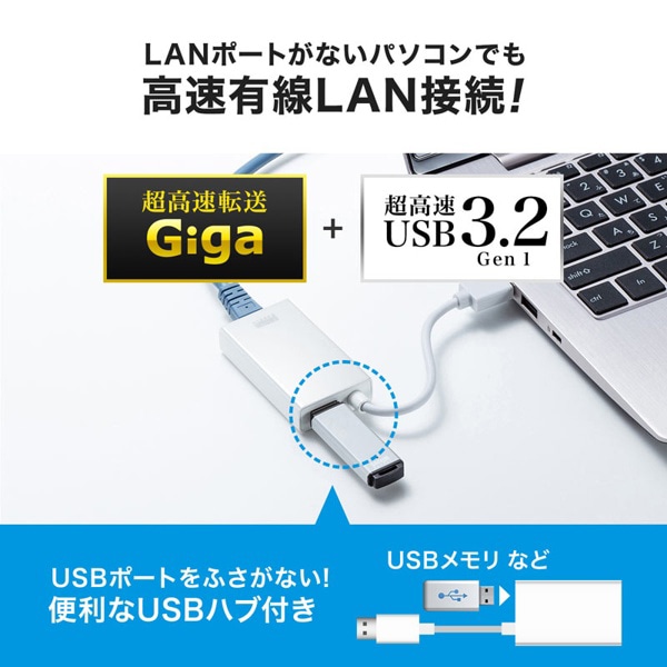 サンワサプライ USB3.2／LAN 変換アダプタ USBハブ1ポート付き ホワイト USB-CVLAN3WN 1個（ご注文単位1個）【直送品】