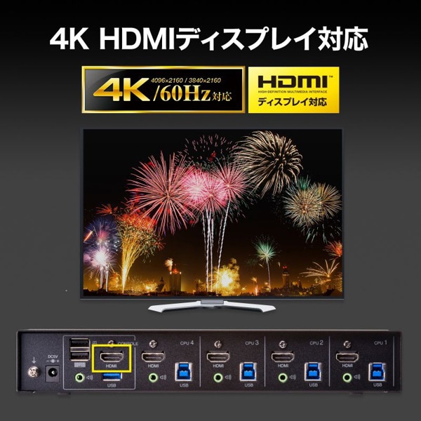 サンワサプライ パソコン自動切替器 4K・HDMI対応 4:1 SW-KVM4U3HD 1個(ご注文単位1個)【直送品】
