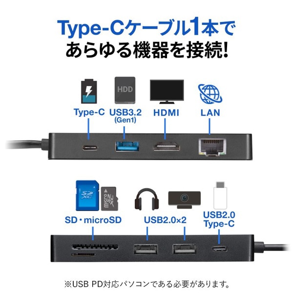 サンワサプライ USB Type-C ドッキングステーション くるピタ着脱 USB-DKM3BK 1個（ご注文単位1個）【直送品】