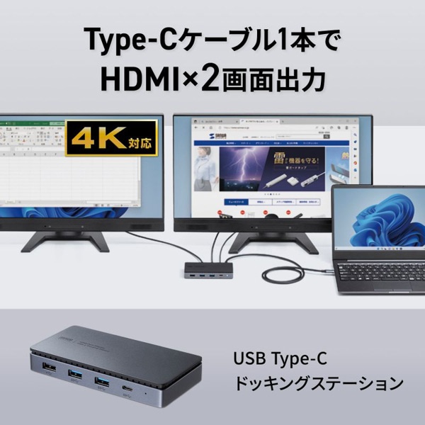 サンワサプライ USB Type-C ドッキングステーション HDMI×2画面出力対応 USB-CVDK15 1個（ご注文単位1個）【直送品】