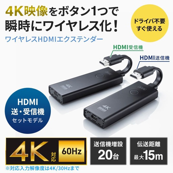 サンワサプライ ワイヤレス HDMIエクステンダー 送受信機セット 4K対応 HDMI接続 VGA-EXWHD12 1個（ご注文単位1個）【直送品】