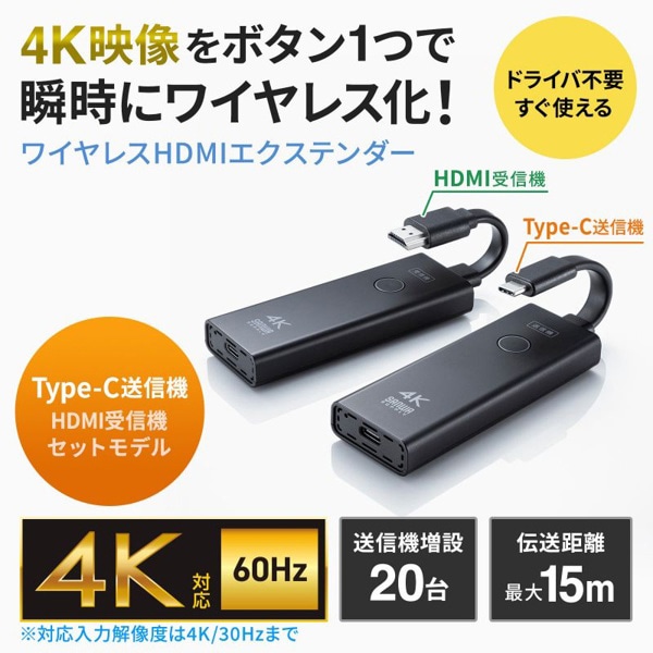 サンワサプライ ワイヤレス HDMIエクステンダー 送受信機セット 4K対応 Type-C接続 VGA-EXWHD12C 1個（ご注文単位1個）【直送品】