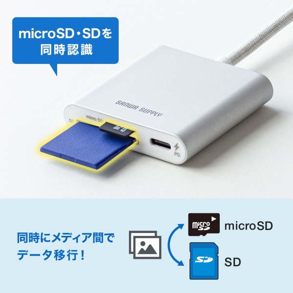 サンワサプライ USB PD充電対応 Type-C カードリーダー ADR-5TCSDPW 1個(ご注文単位1個)【直送品】