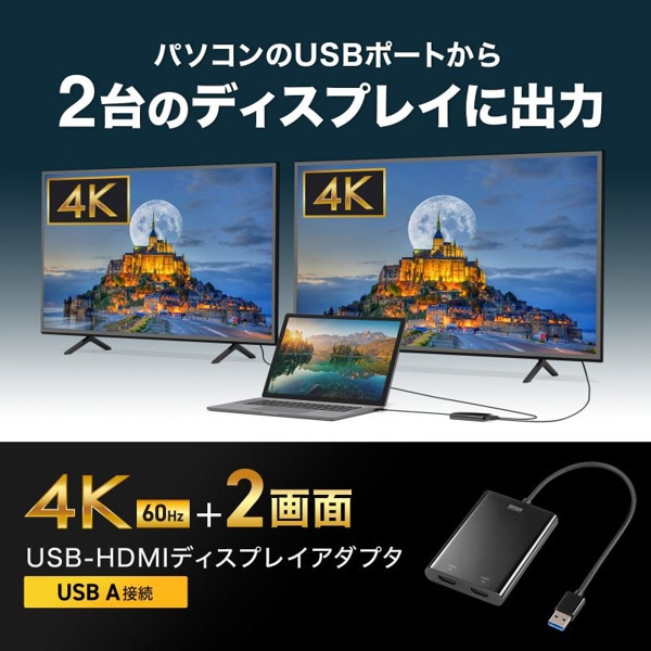 サンワサプライ USB-A／HDMI ディスプレイアダプタ 4K×2画面出力 USB-CVU3HD6 1個（ご注文単位1個）【直送品】