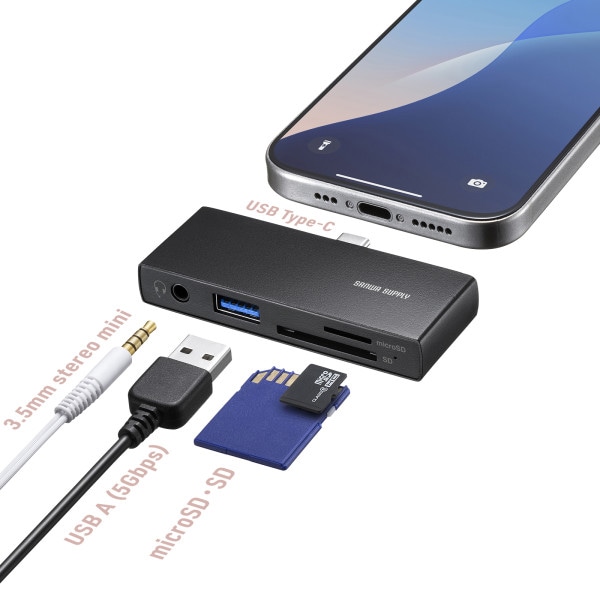 サンワサプライ USB 5Gbps Type-C カードリーダー USB1ポート付 ADR-5TCSD2BK 1個(ご注文単位1個)【直送品】