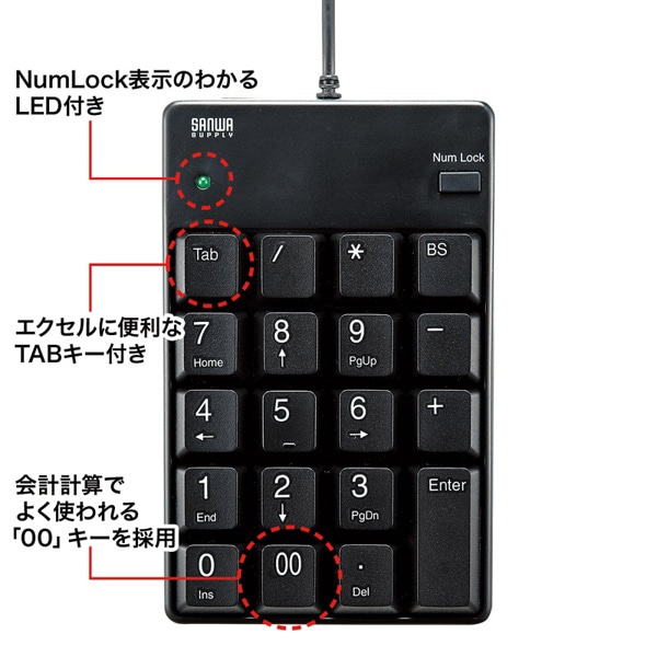 サンワサプライ USBテンキー TABキー付き ブラック NT-17UBKN 1個（ご注文単位1個）【直送品】
