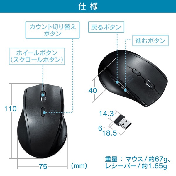 サンワサプライ 静音 ワイヤレスブルーLEDマウス 左手用 5ボタン ブラック MA-WBL164BK 1個（ご注文単位1個）【直送品】
