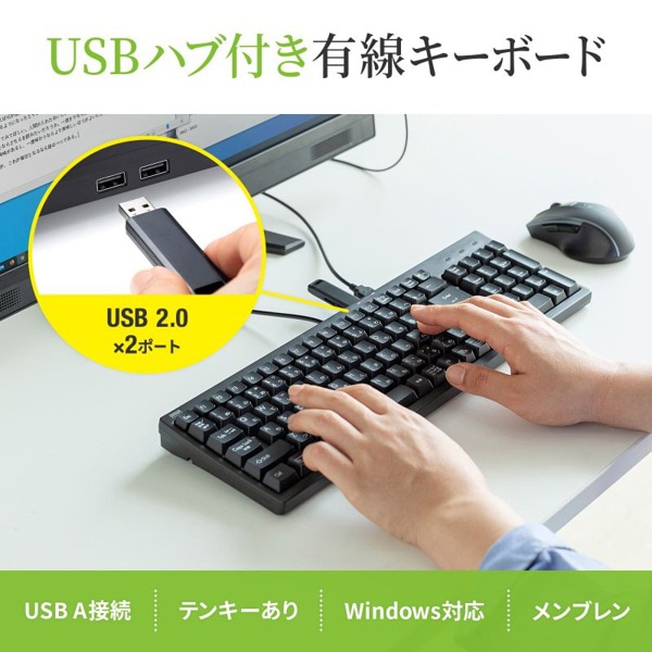 サンワサプライ コンパクトキーボード USBハブ付 ブラック SKB-KG2UH2BK 1個(ご注文単位1個)【直送品】