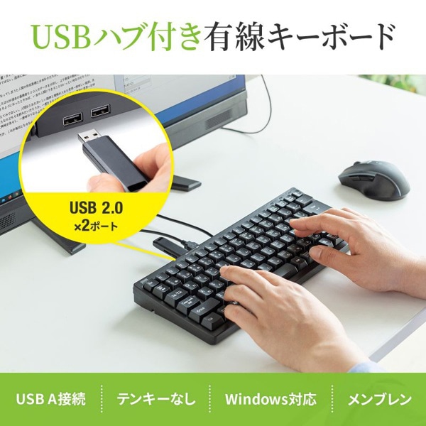 サンワサプライ コンパクトキーボード USBハブ付 ブラック SKB-KG3UH2BK 1個(ご注文単位1個)【直送品】