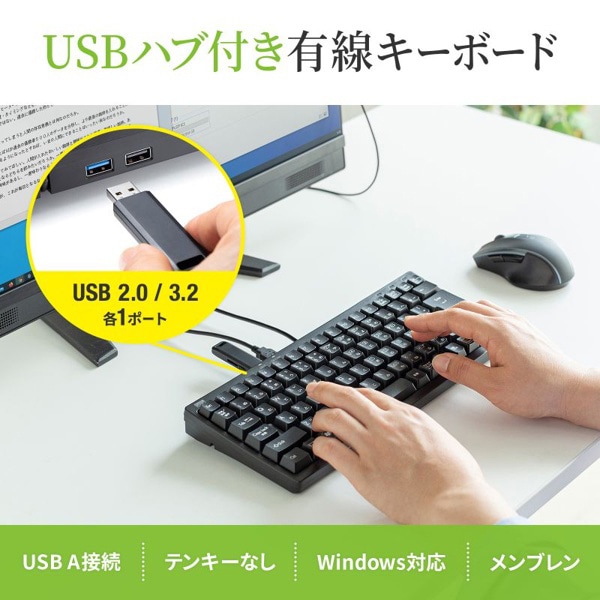 サンワサプライ コンパクトキーボード USBハブ付 ブラック SKB-KG3UH3BK 1個（ご注文単位1個）【直送品】
