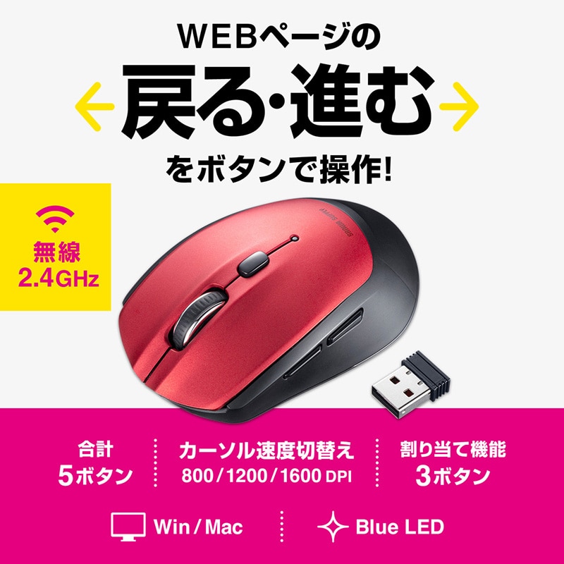サンワサプライ ワイヤレスブルーLEDマウス 5ボタン レッド MA-WB509R 1個(ご注文単位1個)【直送品】