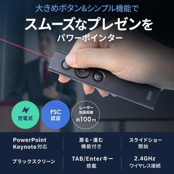 サンワサプライ パワーポインター USB充電式 LP-RF116BK 1個(ご注文単位1個)【直送品】