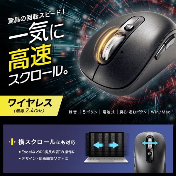 サンワサプライ ワイヤレス高速スクロールマウス 静音 ブラック MA-WBS530BK 1個（ご注文単位1個）【直送品】