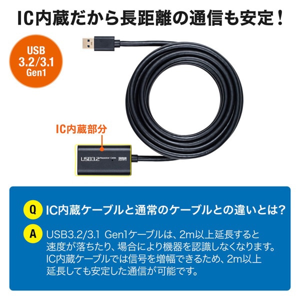 サンワサプライ アクティブリピーターケーブル USB3.2 5m延長 KB-USB-R305 1個（ご注文単位1個）【直送品】