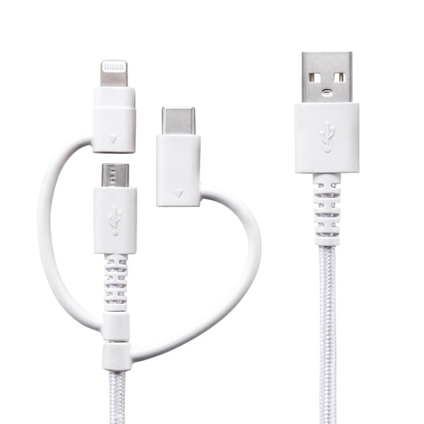 サンワサプライ ライトニング／Type-C／microUSB 3in1ケーブル 1m ホワイト KB-IPLTCM10 1個（ご注文単位1個）【直送品】