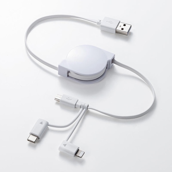 サンワサプライ ライトニング／Type-C／microUSB 3in1ケーブル 巻取りUSB 0.8m KB-IPLTM08KW 1個（ご注文単位1個）【直送品】