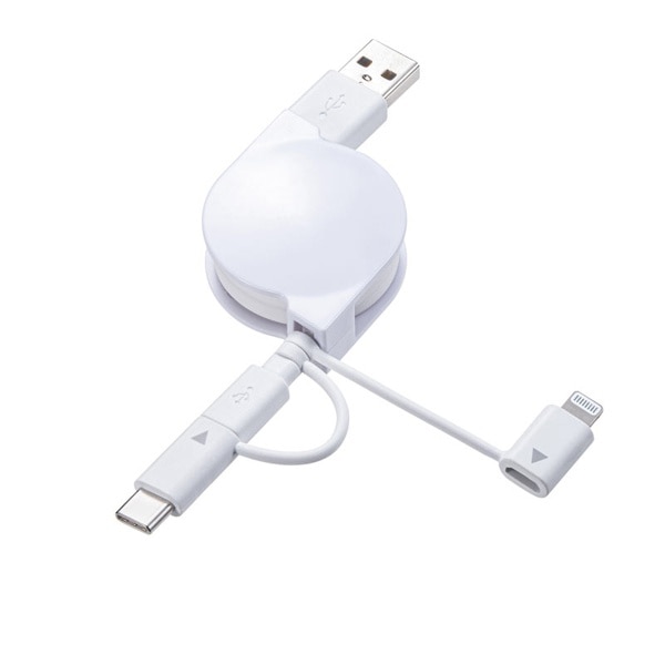 サンワサプライ ライトニング／Type-C／microUSB 3in1ケーブル 巻取りUSB 0.8m KB-IPLTM08KW 1個（ご注文単位1個）【直送品】