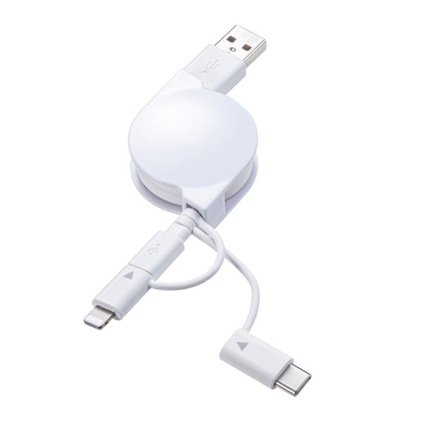 サンワサプライ ライトニング／Type-C／microUSB 3in1ケーブル 巻取りUSB 0.8m KB-IPLTM08KW 1個（ご注文単位1個）【直送品】