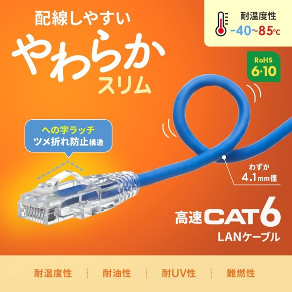 サンワサプライ LANケーブル カテゴリ6 1m ブルー KB-SL6YS-01BL 1個（ご注文単位1個）【直送品】