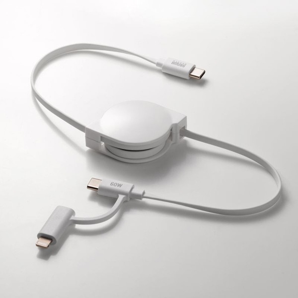 サンワサプライ USB2.0 Type-C 巻き取りケーブル ライトニング変換アダプタ付き ホワイト KB-IPLTCM08W 1個(ご注文単位1個)【直送品】