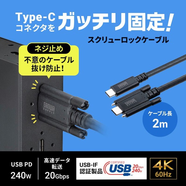 サンワサプライ USB Type-C 20Gbps対応ケーブル デュアルスクリューロック 2m KU-20GCCPEDSL20 1個（ご注文単位1個）【直送品】