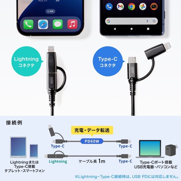 サンワサプライ USB2.0 Type-Cケーブル ライトニング変換アダプタ付き ブラック KB-IPLTCCP6010BK 1個（ご注文単位1個）【直送品】