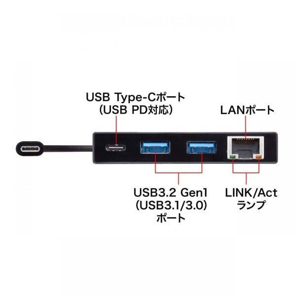 サンワサプライ USB Type-C ギガビットLANアダプタ ハブ付き パワーデリバリー対応 USB-3TCH20BK 1個（ご注文単位1個）【直送品】